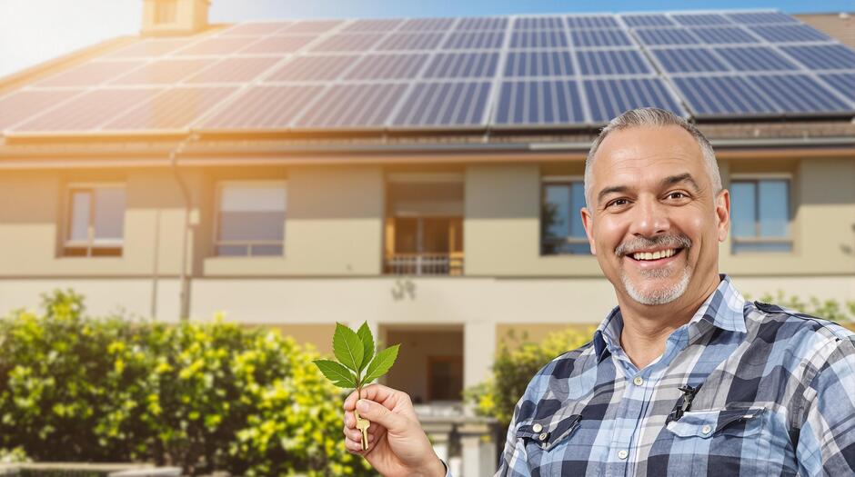 Mieterstrom-vorteile-Zufriedener Vermieter steht vor seinem Mehrfamilienhaus mit Solaranlage