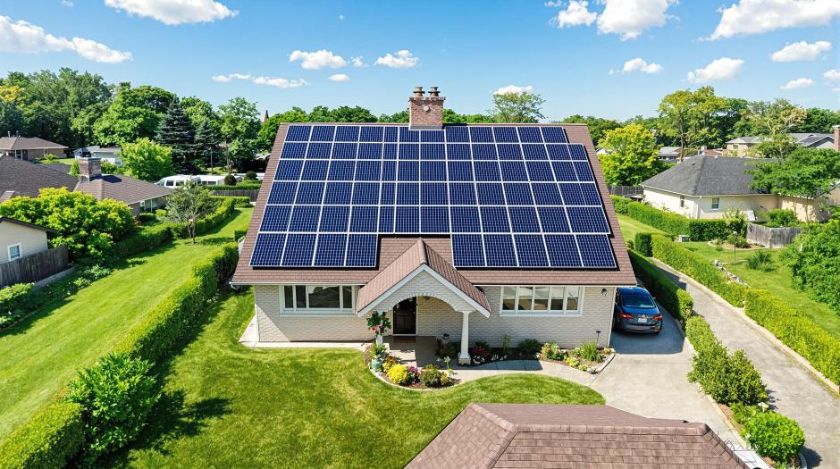 Solaranlage-kaufen-Ein 3D-Modell einer Solaranlage auf einem Einfamilienhausdach visualisiert aus der Vogelperspektive
