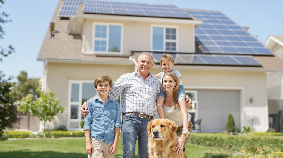 Solaranlage-kaufen Eine Familie steht vor ihrem Haus mit Solaranlage