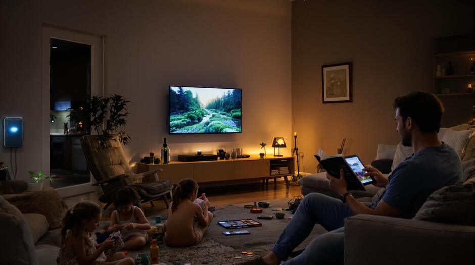 stromspeicher-Familie in ihrem modern eingerichteten Wohnzimmer am Abend. Betrieben von Solarbatterie